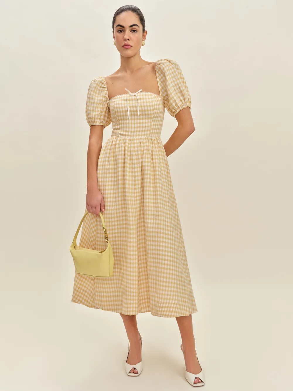 Reformation Yellow Gingham Puff-Sleeve Midi Dress